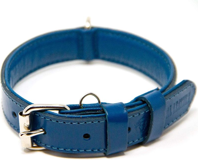 Photo 1 of Logical Leather Dog Collar - Best Full Grain Padded Genuine Leather Dog Collars for Small Dogs (Blue, Small)
