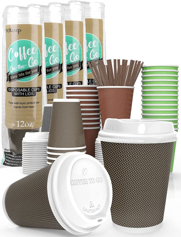 Photo 1 of [80 Packs] MRcup 12oz Insulated Triple Wall Disposable Coffee Cups with Lids and Straws, PerfectTouch Leakfree Anti-slip Anti-spill Togo Hot & Cold Reusable Paper Cups, Brown
