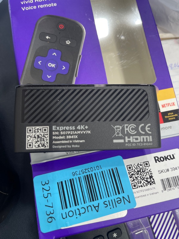 Photo 1 of Roku Express 4K+:Streaming Device HD/4K/HDR, Fast Wi-Fi, Voice Remote with TV controls, and Premium HDMI Cable