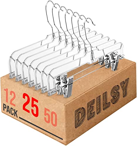 Photo 1 of DEILSY Skirt Hangers Pants Hangers with Clips Clip Hangers Shorts Hangers Clear Plastic Clothes Hangers with 2-Adjustable Clip Non-Slip Clothes Hangers Clip Hangers Perfect for Pant, Pack of 25
