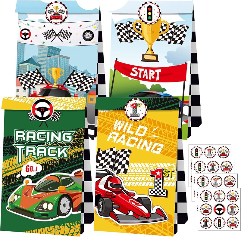 Photo 1 of Cieovo Race Car Party Favor Bags 24 Pack - Racing Party Paper Gift Bags, Goodies Candy Bags Kraft Treat Paper Bags with Stickers for Let's go Racing Theme Birthday Party Supplies Decoration.
