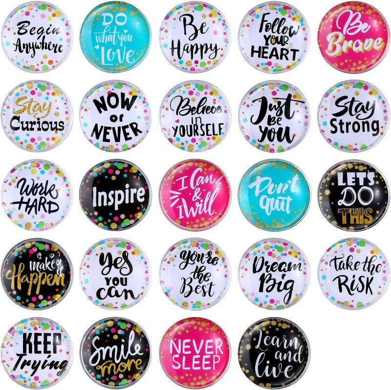 Photo 1 of 24 Pieces Inspirational Magnets, Confetti Positive Saying Accents Motivation Glass Fridge Magnets Round Inspirational Quote Refrigerator Locker Magnet for Classroom Office Home Decorations
