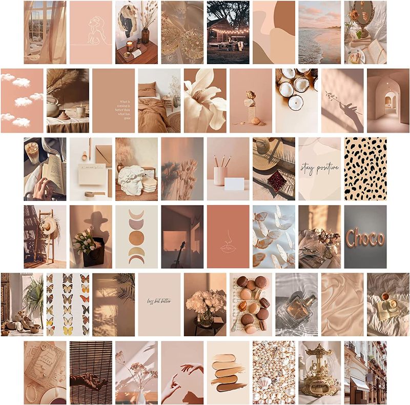 Photo 1 of 50 pcs Aesthetic Pictures Wall Collage Kit Small Posters for Room Decor 4x6 inch Dorm Wall Prints Kit Beige Photo Wall Decorations for Teen Girls
