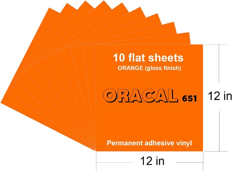 Photo 1 of Orange Oracal 651 Vinyl, 10 Pack 12”x 11.5” Glossy Orange Permanent Adhesive Backed Vinyl Sheets for Indoor/Outdoor Lettering, Marking, Decorating, Car Decals, Window Graphics, for Cricut, Silhouette…
