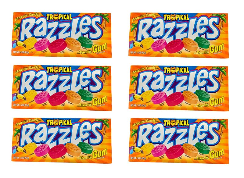Photo 1 of Tootsie Roll Industries RAZZLES Gum Candy - Original, Sour, Tropical - 1.40 Ounce Pouches - First It’s Candy… Then It’s Gum… Assorted Flavors !! (Tropical, 6 Count)
