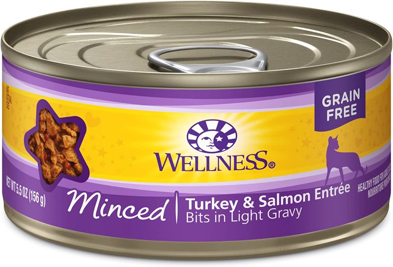 Photo 1 of BEST BY:   10-MAR-25----Wellness Complete Health Natural Grain Free Wet Canned Cat Food, Minced Turkey & Salmon Entree, 5.5-Ounce Can (Pack of 24)
