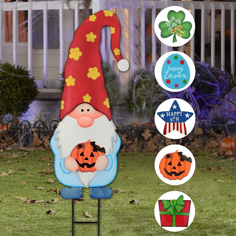 Photo 1 of 35’’ Metal Gnome Yard Sign Decorative Garden Stake Outdoor 5-PC Interchangeable Seasonal Icon Muti-Holiday July 4th, St Patricks Day, Easter, Halloween, Christmas for Lawn, Porch, Pathway