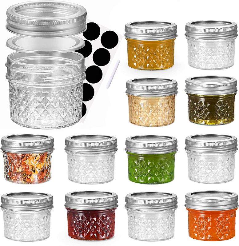 Photo 1 of 4 oz 20 PACK Mini Mason Jars with Lids and Bands, Quilted Crystal Jars Ideal for Food Storage, Jam, Body Butters, Jelly, Wedding Favors, Baby Foods
