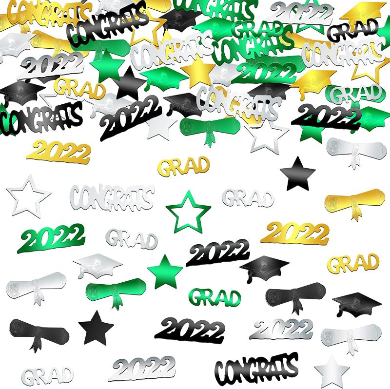 Photo 1 of * BUNDLE OF 8* Congrats Grad Graduation Confetti 2022 - Pack of 1000 | Green Silver Graduation Party Decorations 2022 | Congrats Grad Confetti for Graduation Table Decorations | Class of 2022 Graduation Decorations
