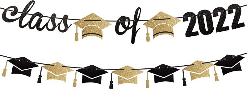 Photo 1 of * BUNDLE OF 4* Black and Gold Class of 2022 Banner - 10 Feet, No DIY | Graduation Banner 2022 with Grad Cap Garland | Graduation Decorations 2022 | Class of 2022 graduation Decorations | Graduation Cap banner 2022
* GLITTER CONGRATS CAKE TOPPER* * HAPPY B