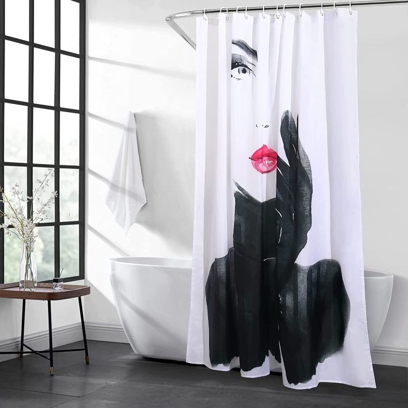 Photo 1 of 8YEARS Women Face Shower Curtain with Hooks, Elegant Lady with Red Lips Waterproof Shower Curtain Set for Bathroom College, Waterproof Black and White Shower Curtain Line 72x72 Inch, 12Hooks Fabric
