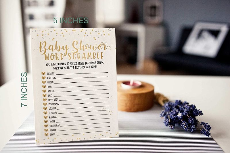 Photo 1 of *BUNDLE OF 3*  2- Gold Baby Shower Games - Baby Shower Word Scramble, 31 Cards(Attach Answer Card), Baby Shower Games Gender Neutral-d061, 1 CONGRATS CLASS 2022 CAKE TOPPER.
