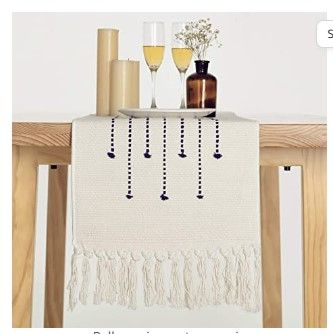 Photo 1 of ALIBALA Boho Table Runner, Long Farmhouse Table Runner with Macrame Tassels Cotton and Linen Coffee Table Runner Rustic Style for Living Room Dining Kitchen Decor, Navy Blue 13"x102"
