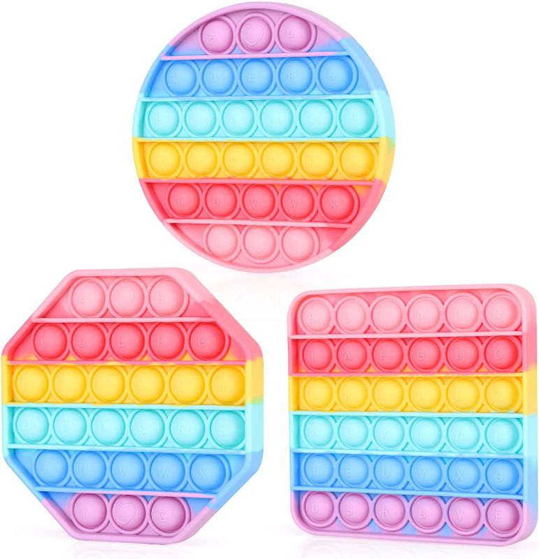 Photo 1 of ASONA Pastel Rainbow Pop Push Bubble Popping Sensory Fidget Toys with Letters for Girl Kids, Car Travel Learning Toys Popper Stress Relief Toy for ADHD with Circle Square Octagon (Macaron 3-Pack)
