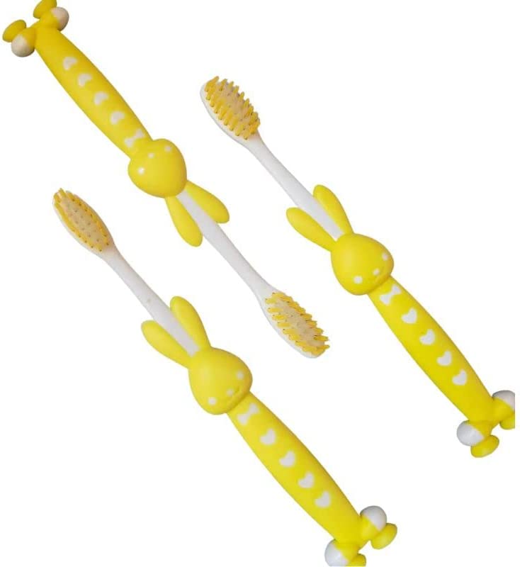 Photo 1 of 3 Pieces Kids Toothbrush Children Manual Toothbrush Set Soft Contoured Bristles for Age 3 and Above Boys and Girls Cute Yellow Toothbrush with Suction Cup
