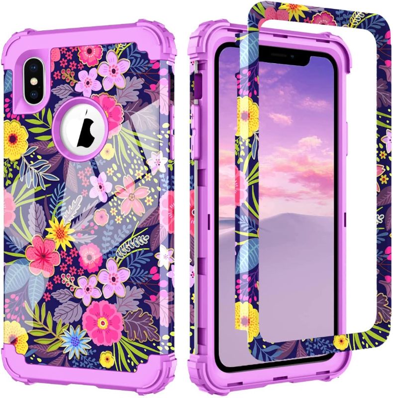 Photo 1 of ZHOGTNEG Compatible with iPhone Xs max Phone case,3-in-1 Design Heavy Duty Protective Case with Anti-Scratch Shockproof Bumper Flower Pattern for iPhone Xs max 6.5 inch
