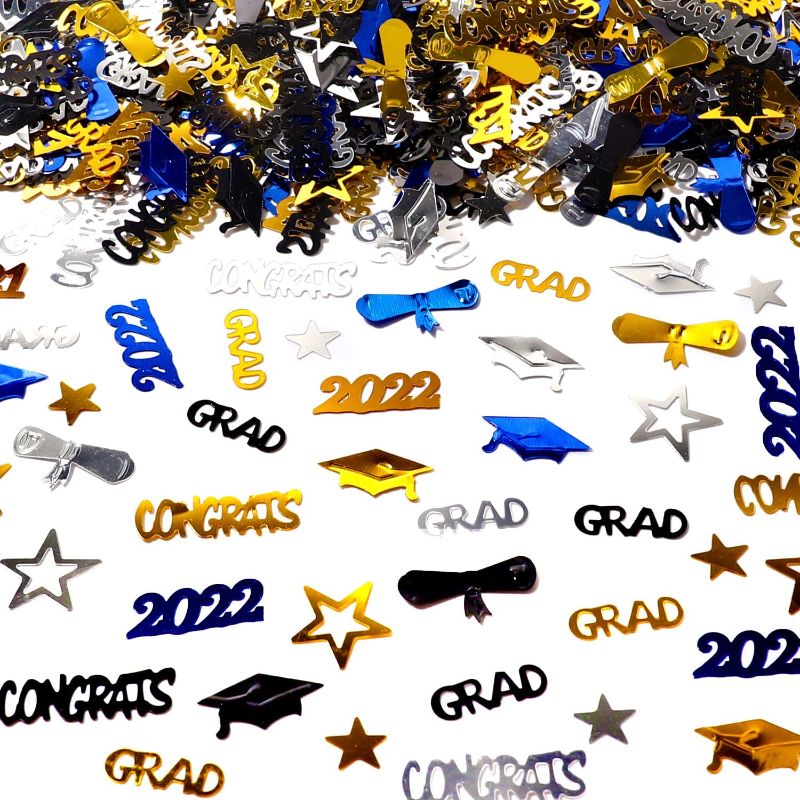 Photo 1 of BUNDLE OF 2---XIMISHOP Graduation Confetti 2022, Bright Grad Star Cap Diploma Table Confetti Decoration for Grad Party (Gold Black Sliver and Blue colors)
