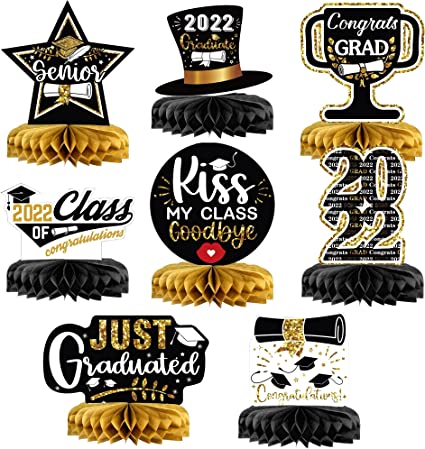 Photo 1 of 8 Pieces, Graduation Honeycomb Centerpieces - Just Graduated Honeycomb Centerpiece | Graduation Table Toppers, Graduation Centerpieces for Tables 2022 | Graduation Party Decorations Black and Gold
