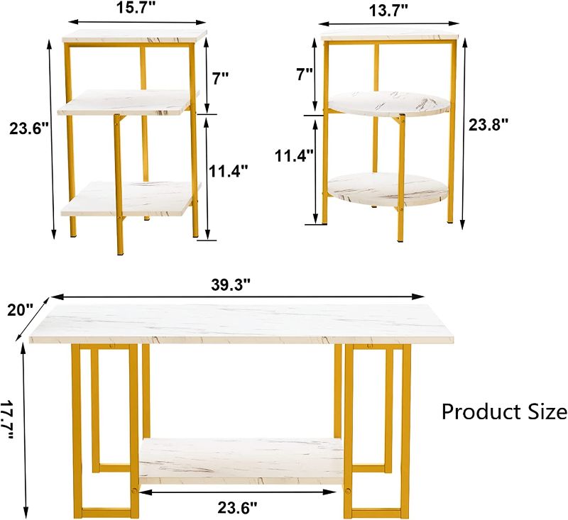 Photo 4 of Table Set of 3, Modern 3-Piece Table Set Faux Marble Coffee Table & 2 End Tables Open Shelves with Metal Legs, Living Room Table Sets for Apartment, Small Space (White)
