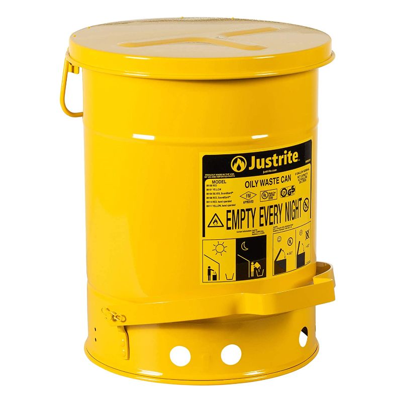 Photo 1 of Justrite 09101 6 Gallon, 11.875" OD x 15.875" H Galvanized-Steel Yellow Safety Cans For Oily Waste
