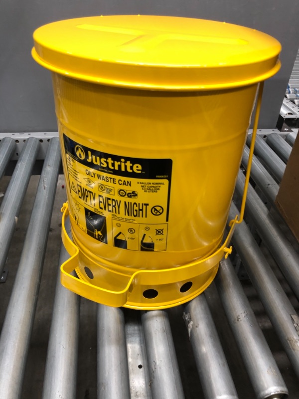 Photo 2 of Justrite 09101 6 Gallon, 11.875" OD x 15.875" H Galvanized-Steel Yellow Safety Cans For Oily Waste
