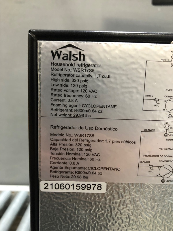 Photo 4 of Walsh WSR17S5 Compact Refrigerator, 1.7 Cu.Ft Single Door Fridge