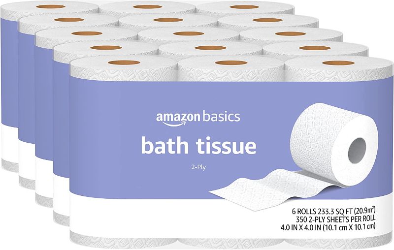 Photo 1 of Amazon Basics 2-Ply Toilet Paper 5 Packs, 6 Rolls per pack (30 Rolls total) (Previously Solimo)
