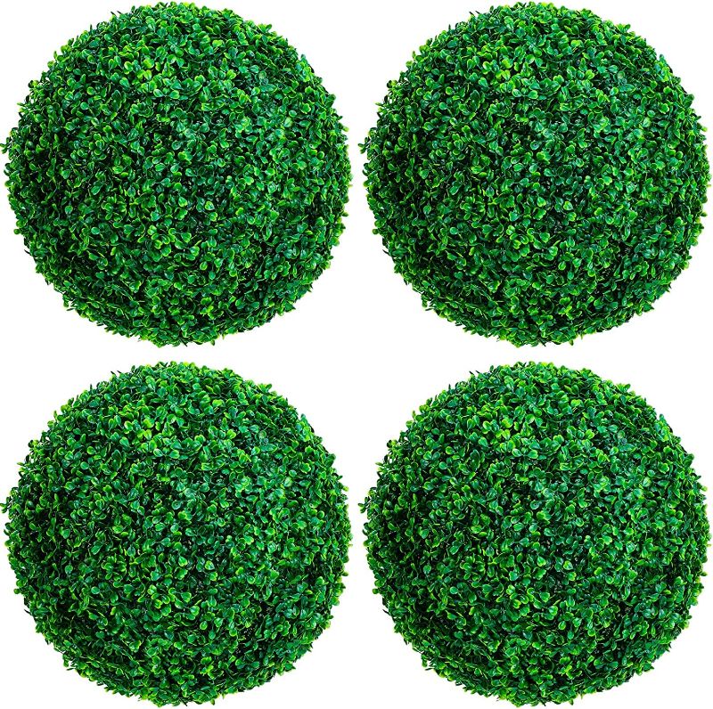 Photo 1 of 4 Pieces 15.7 Inch Artificial Plant Topiary Ball 4 Layers Faux Boxwood Decorative Balls Green Round Faux Plants Outdoor Boxwood Balls Large Garden Spheres for Wedding Porch Lawn Backyard Home Decor