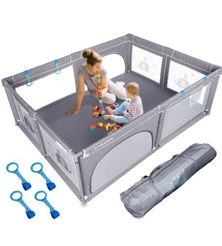 Photo 1 of WAYPLUS Baby Playpen, Collapsible Kids Safety Activity Play Yard Portable Playpen Extra Large78'' x 62'' - Grey
