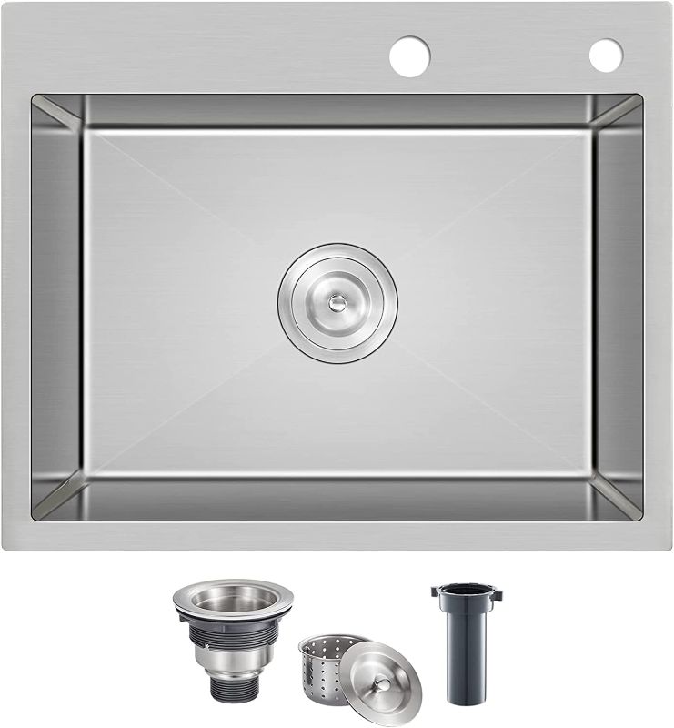 Photo 1 of ROVOGO 20 x 16 x 9 in. Drop in Kitchen Sink Stainless Steel with 2 Holes, Wet Bar Prep RV Sink Single Bowl, Handmade Kitchen Sink Top Mount with Basket Strainer, Anti-Noise Sink Tight Radius, Brushed