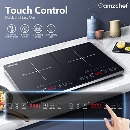 Photo 1 of Electric Cooktop AMZCHEF Double Induction Cooker with 2 Burners, Ultra-thin Body, Independent Control,10 Temperature Levels, Multiple Power Levels, 1800W, 3-hour Timer,Safety Lock,Fashion Design
