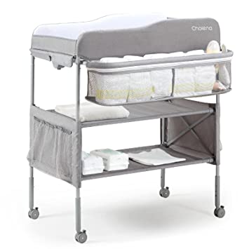 Photo 1 of Cholena Baby Changing Table Portable Changing Station with Wheels, Water-Proof Diaper Changing Pad Adjustable Height Infant Diaper Changing Table Dresser(Light Grey)
