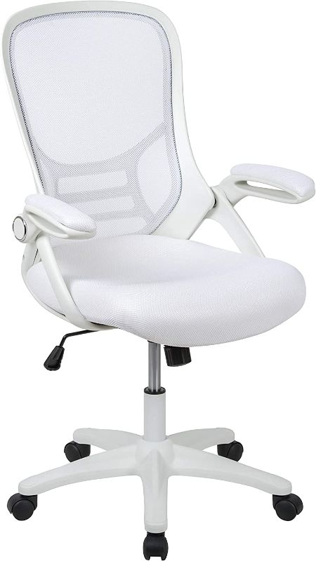 Photo 1 of Flash Furniture High Back White Mesh Ergonomic Swivel Office Chair with White Frame and Flip-up Arms
