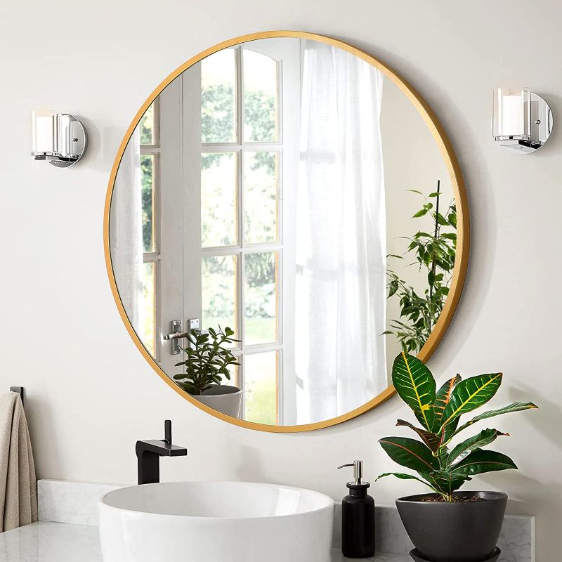 Photo 1 of A.T.Lums Gold Round Mirror 24 Inch, Round Bathroom Mirror with Metal Frame, Wall Mounted Circle Mirror for Bathroom, Entryway, Living Room
