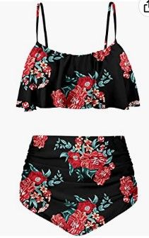 Photo 1 of Angerella Womens High Waisted Bikini Flounce Top Bathing Suits Swimwear Red Flower Size Medium 