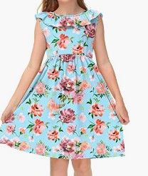 Photo 1 of BesserBay Girl's Elastic Waist Ruffle Sleeveless Summer Midi Backless Dress 7-8Years Blue Floral 