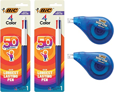 Photo 1 of BIC Medium Point Ball Pen, 4 Colors, Assorted Ink and Wite Out Correction Tape - Bundle (Pen 2-Count, Wite Out 2-Count)
