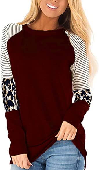 Photo 1 of LAMAOLU Women Tops Striped Causal Leopard Print Color Block Tunic Comfy Round Neck Long Sleeve Shirts Blouses T Shirt, Size Small