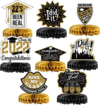 Photo 1 of 8 Pieces, Graduation Honeycomb Centerpieces - Congrats Grad Honeycomb Centerpiece | Graduation Table Toppers, Graduation Centerpieces for Tables 2022 | Graduation Party Decorations Black and Gold
