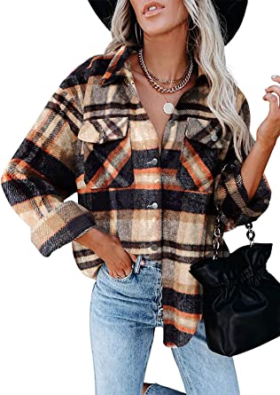 Photo 1 of Kalssior Womens Flannel Jacket Plaid Shacket Button Down Oversized Coat Long Sleeve Wool Blend Outwear Size S
