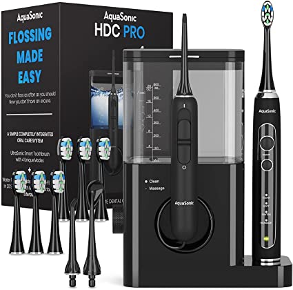 Photo 1 of AquaSonic Home Dental Center PRO – Complete Home Oral Care – Brush & Floss – Ultrasonic Electric Toothbrush & Water Flosser – Whiter Teeth & Healthier Gums – Black Series Pro + Oral Irrigator
