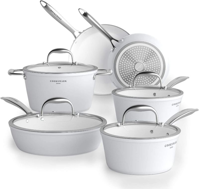 Photo 1 of **MISSING FOUR PIECES** Damaged Out of OOKSMARK Nonstick Ceramic Cookware Set, Induction & Dishwasher Safe Scratch-Resistant Pots and Pans Set with Glass Lids 10 Pieces,  White
