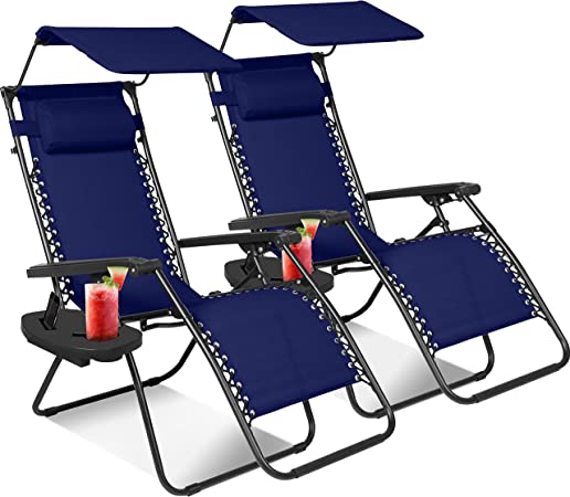 Photo 1 of KEPLIN Zero Gravity Chairs Set of 2 with Canopy - Made of Textoline I Heavy Duty Lounger for Garden I Patio Sun Loungers I Folding Reclining Chairs (Blue with Canopy)
