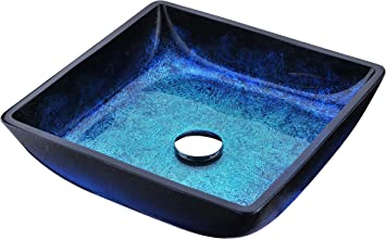 Photo 1 of ANZZI Viace Rectangular Tempered Deco Glass Vessel Bathroom Sink in Blazing Blue | Top Mount Toilet Sinks Above Counter | Square Vanity Countertop Sink Bowl with Pop Up Drain | LS-AZ056
