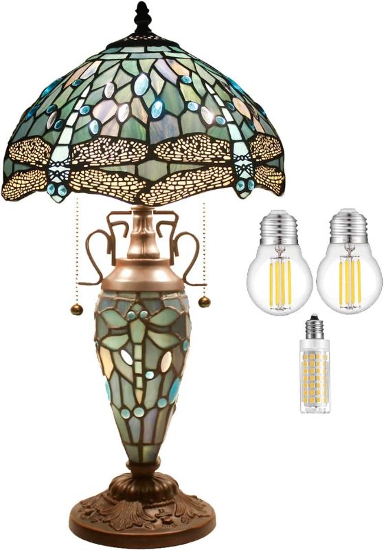 Photo 1 of WERFACTORY Tiffany Table Lamp Sea Blue Stained Glass Dragonfly Style 12X12X22 Inches Mother-Daughter Vase Desk Reading Light Decor Bedroom Living Room Home Office S147 Series
