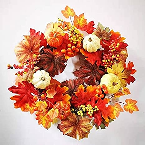 Photo 1 of 18-inch Artificial Maple Leaf Autumn Wreath with Colorful Maple Leaf Pumpkin Pine Cones and Berries, Harvest Wreath, Suitable for Front Door Table Wall and Thanksgiving Decoration
