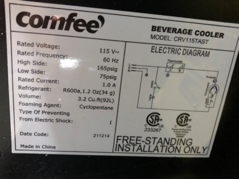 Photo 3 of (DAMAGED, DOES NOT FUNCTION)Comfee 115-120 Can Beverage Cooler/Refrigerator, 115 Cans Capacity, Mechanical Control, Glass Door with Stainless Steel Frame,Glass Shelves/adjustable
**DOOR BROKEN, DOES NOT POWER ON, CUT IN THE BACK**