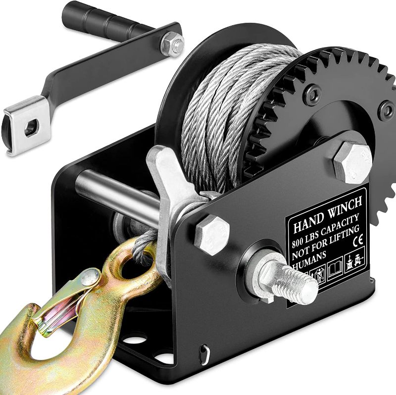 Photo 1 of 800lbs Capacity Heavy Duty Hand Winch, Crank Strap Gear Winch with 26 feet Steel Cable, Manual Operated Two-Way Ratchet ATV Boat Trailer Marine
