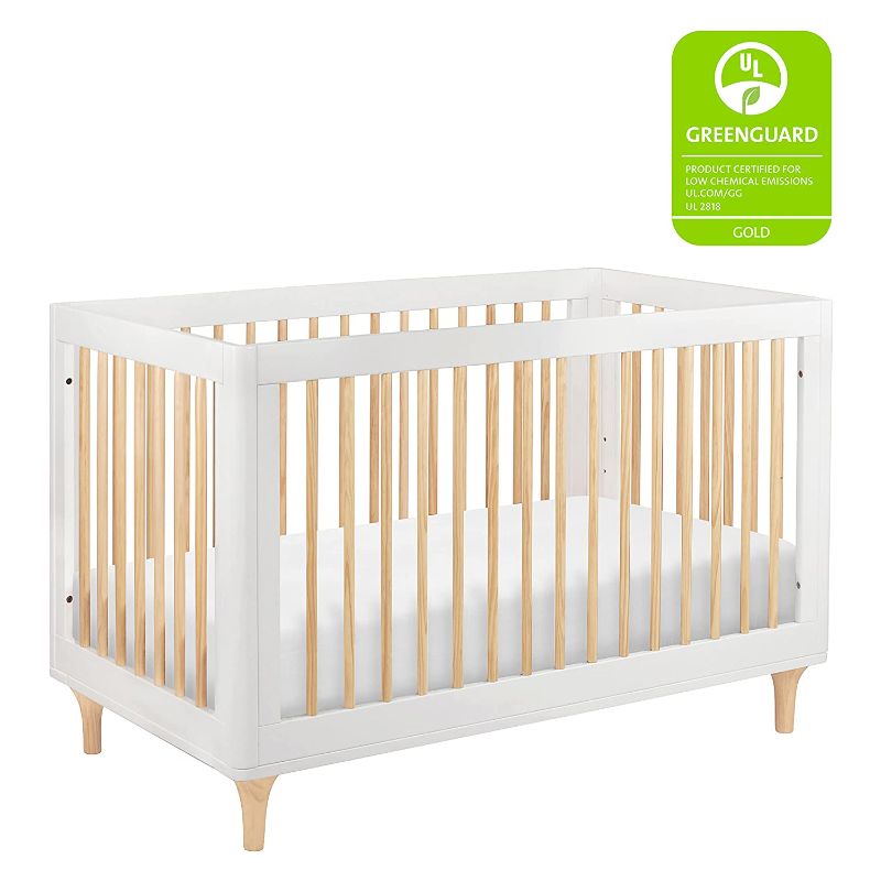 Photo 1 of Babyletto Lolly 3-in-1 Convertible Crib with Toddler Bed Conversion Kit in White and Natural, Greenguard Gold Certified
