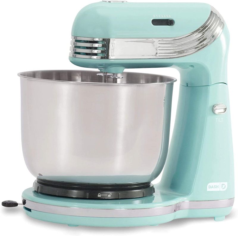 Photo 1 of Dash Stand Mixer (Electric Mixer for Everyday Use): 6 Speed Stand Mixer with 3 Quart Stainless Steel Mixing Bowl, Dough Hooks & Mixer Beaters for Frosting, Meringues & More - Aqua
